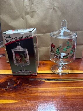 Clear Glass Holiday Footed Candy Jar with Multicolor Village 1987